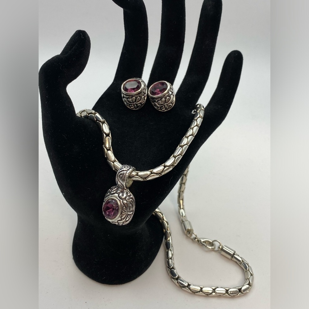 SIGNED ROMAN SILVER AMETHYST COLOR STONE PENDANT BYZANTINE NECKLACE & EARRINGS